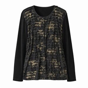 Chico's Cardigan Black Gold Metallic Slinky‎ Ruffle Tiered Size 3 Long Sleeves